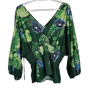 WHBM women’s smocked waist kimono sleeve blouse in Lush Garden size SMALL